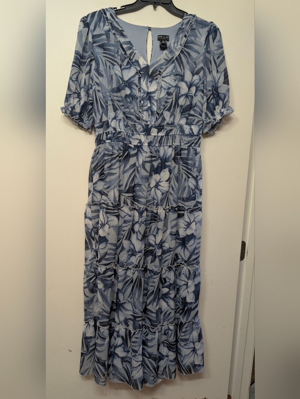 Kate and Lily Woman Blue Floral Tiered Midi Dress 14W Boho Tropical Chiffon - Picture 3 of 8